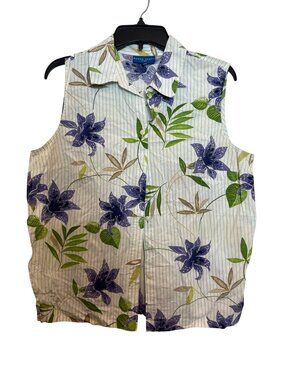 Karen Scott Sport Womens Floral Sleeveless Button-Down Shirt Large 100 Cotton Wh